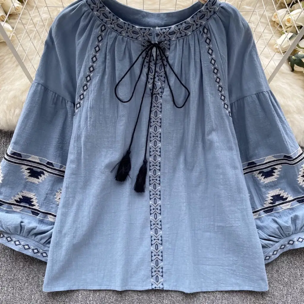 Ретро етнически стил тежка индустрия бродерия около врата дълъг ръкав риза блуза на жените есен хлабав тънък топ мода Blusa0