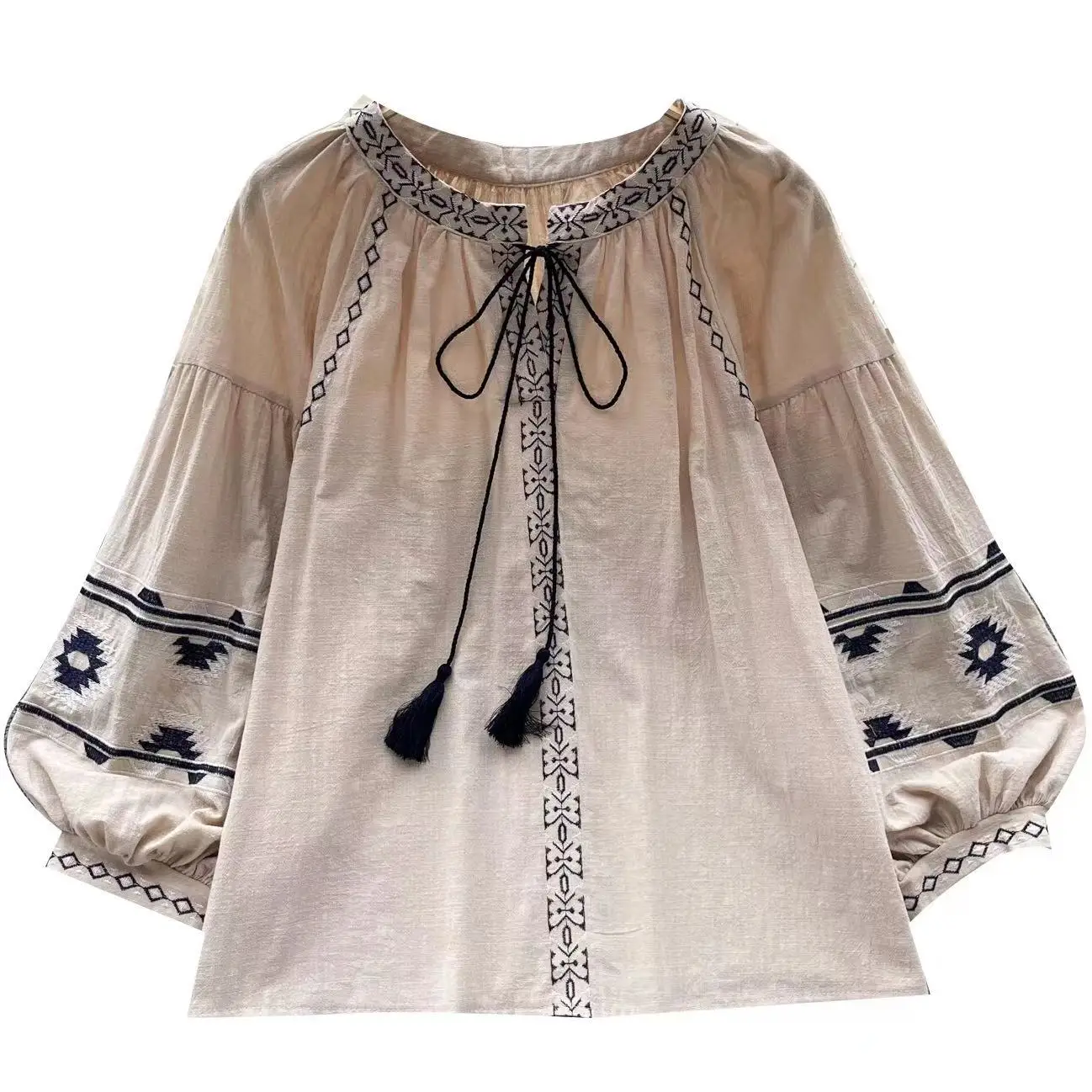 Ретро етнически стил тежка индустрия бродерия около врата дълъг ръкав риза блуза на жените есен хлабав тънък топ мода Blusa5