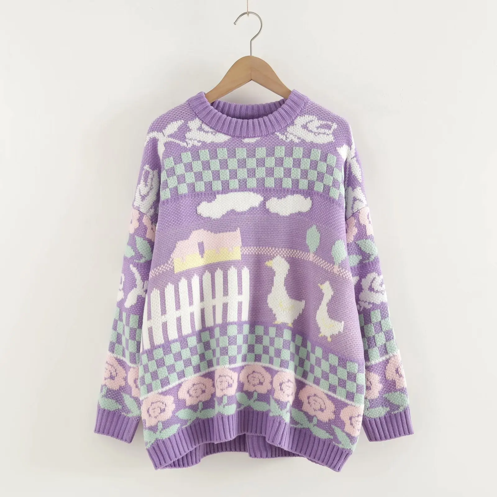 Фея Кей пастел патица пуловер 3/4 ръкав екипажа врата уютен джъмпер меко момиче естетически Harajuku облекло1