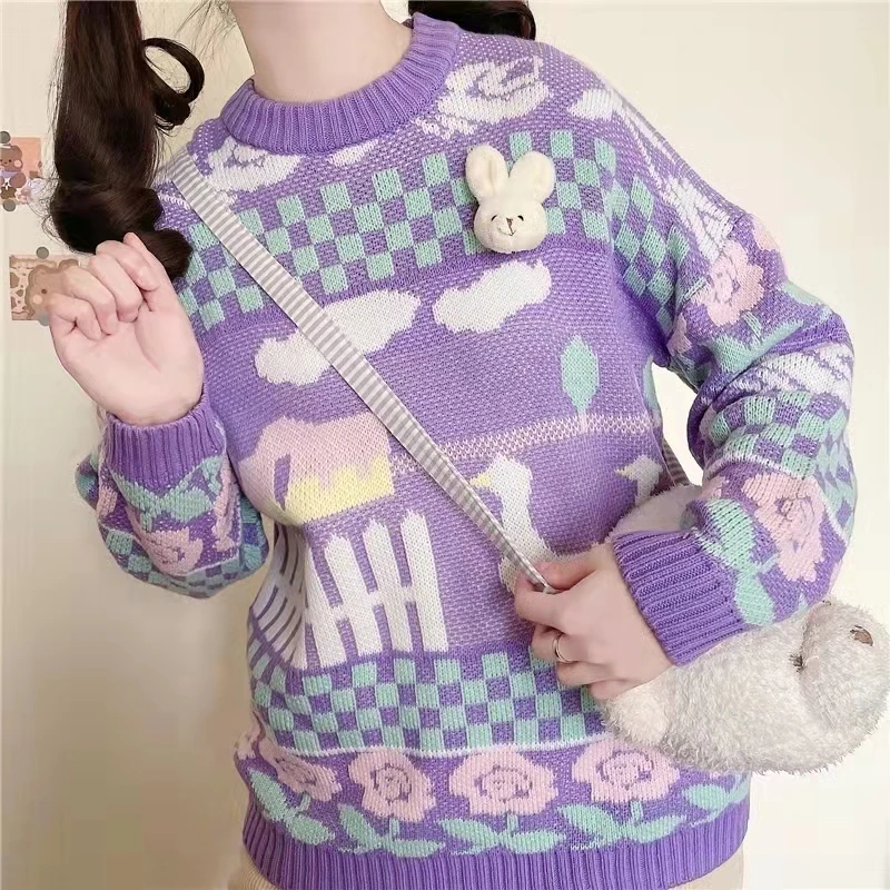 Фея Кей пастел патица пуловер 3/4 ръкав екипажа врата уютен джъмпер меко момиче естетически Harajuku облекло5