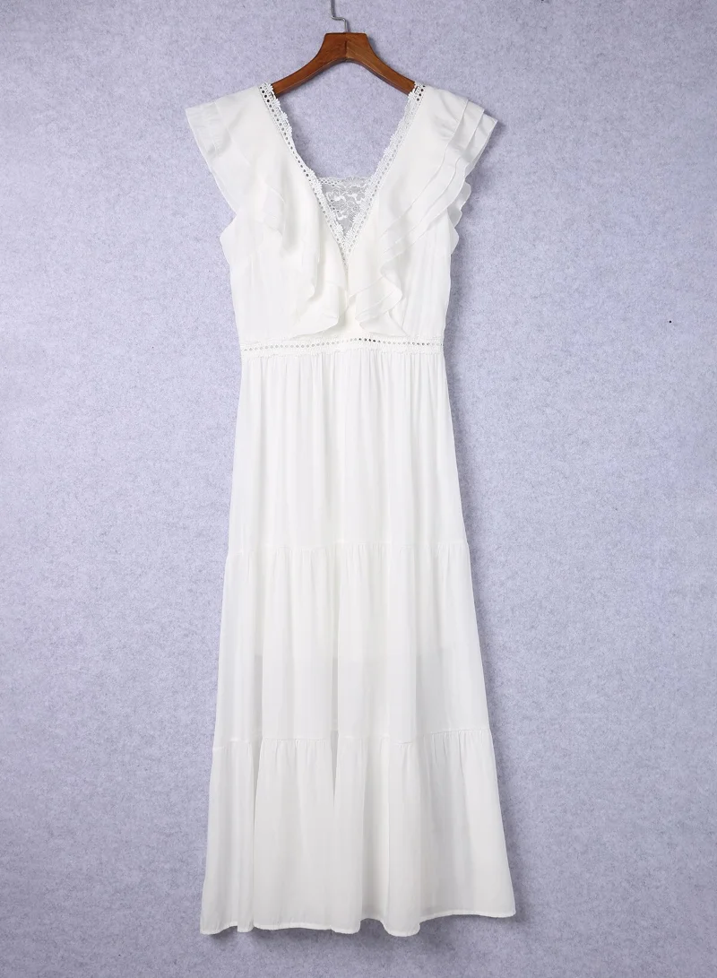 2023 Пролет/Лято Нова рокля с къс ръкав Жени Елегантна бяла къса рокля с ръкави Дантела V Neck рокля Ежедневно облекло за жени2