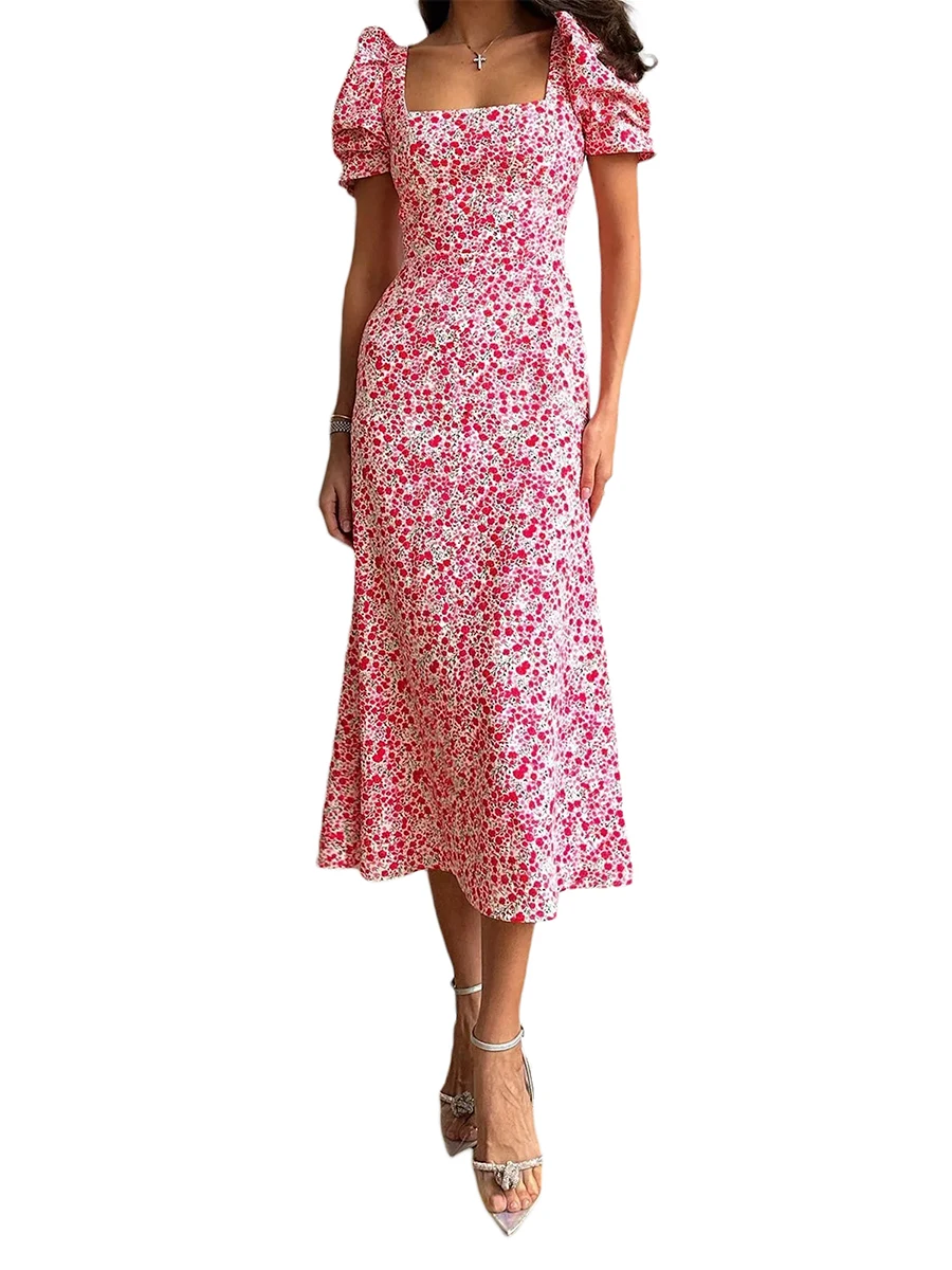Жените реколта цветен печат квадратно деколте Макси рокля с къси буфан ръкави - елегантен поток A-линия парти Midi рокля4