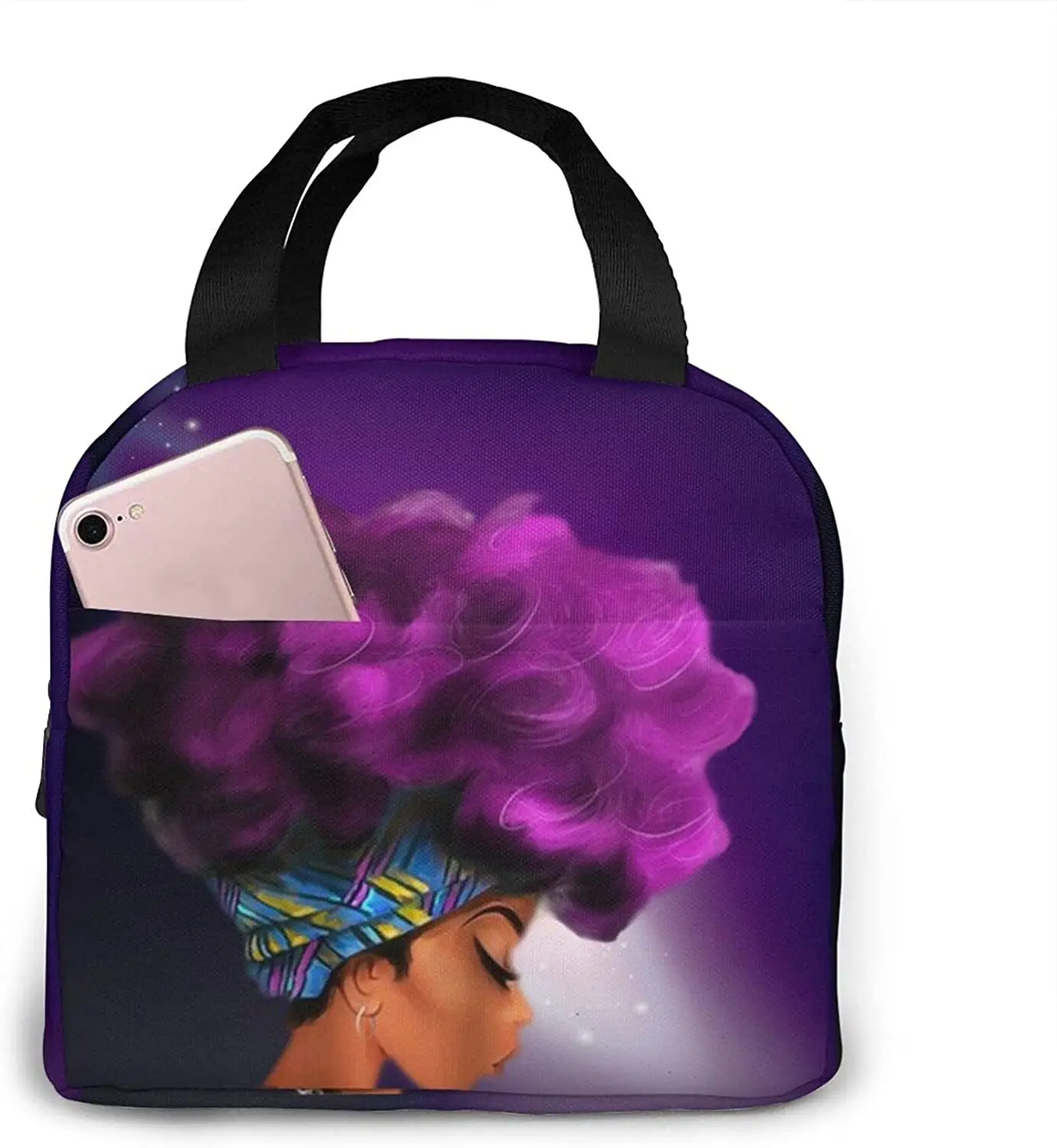 афро-американска жена Звездна галактика фон обяд чанта компактен голяма пазарска чанта за многократна употреба обяд кутия контейнер за жени мъже0