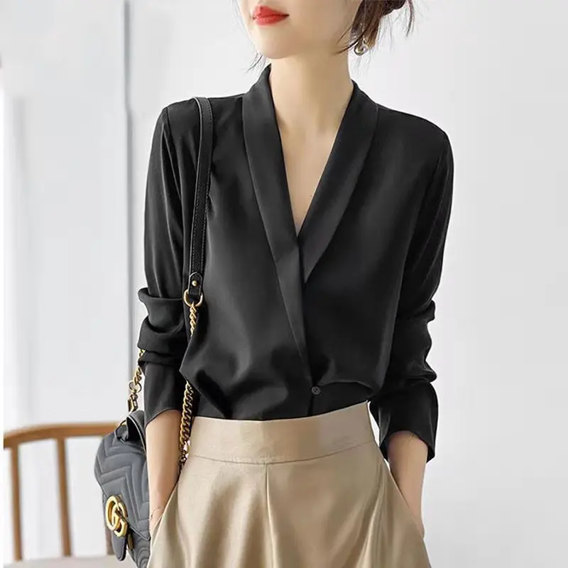 Дамско облекло 2023 Черно бяло V-образно деколте дълъг ръкав прост елегантен костюм ризи Мода бизнес случайни офис дама блуза Blusas3