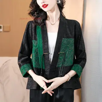 2024 китайска традиционна блуза жени подобрени ханфу върхове национален цветен принт v-образно деколте сатенена блуза ориенталска подобрена жилетка