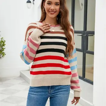 Елегантен раиран плетен пуловер пуловер Зимни дамски пуловери 2023 Нов многоцветен раиран контрастен пуловер Моден пуловер