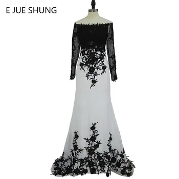 E JUE SHUNG Бяла черна дантела Апликации Русалка Дълги вечерни рокли Дълги ръкави Елегантни официални вечерни рокли robe de soiree