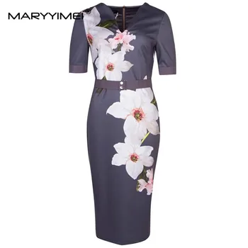 MARYYIMEI Моден дизайнер Лятна дамска рокля V-образно деколте къс ръкав цветен печат дантела нагоре тънък молив рокли