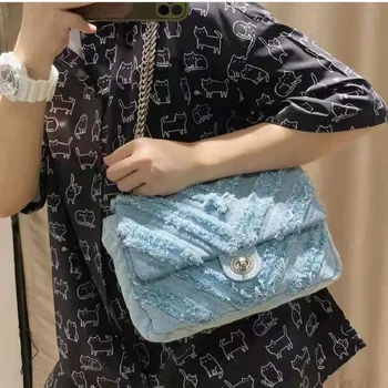 Жени Нов ретро голям капацитет верига пратеник чанта високо качество деним платно crossbody рамо чанта мода съединител 2022 дизайнер