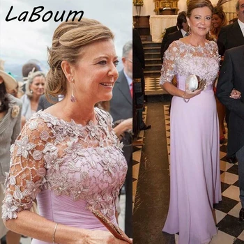 LaBoum Елегантен люляк майка на булката рокля 2023 с половин ръкав апликации Шифон Дълга сватба Рокли за гости Мама вечерна рокля