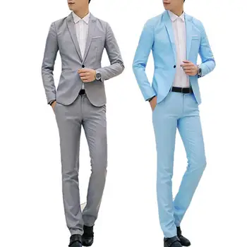 Мъжки официални облекла стилен мъжки костюм от 2 части Ревера тънък годни панталони за пролетта есен бизнес облекло с дълги ръкави джобове