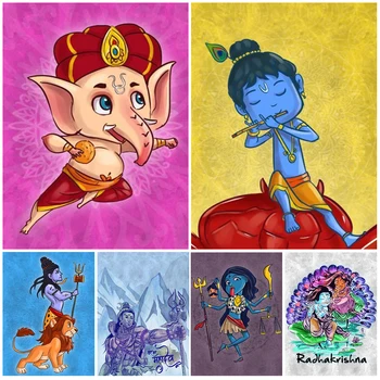 Религия Индийски слон бог карикатура индуизъм плакати и отпечатъци стена изкуство платно живопис стена снимки за хол без рамки