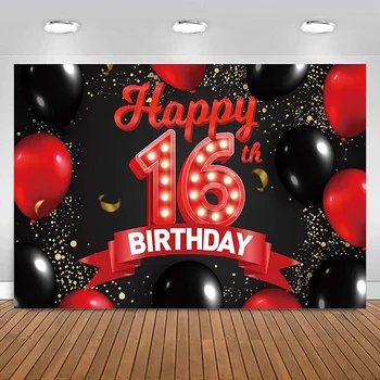 Честит 16-ти рожден ден червен и черен банер фон балони декорации за момичета принцеса парти снимка фонова фотография