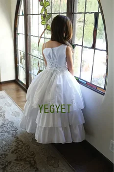 Елегантна тафта със сако едно рамо пластове дантела момиче рокли за сватби принцеса причастие конкурс рокли абитуриентски бал