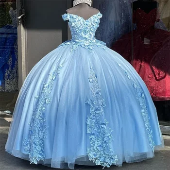 SKy Blue Quinceanera Dresses Off Shoulders Fifteen Birthday Party Dess Elegant Vestido de 15 Anos Sixteen Xv Dress Debutante
