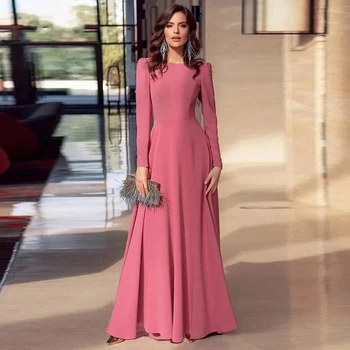 Bean Pink Muslim A-line O Neck Evening Dress 2024 Simple Soft Satin Long Sleeves Prom Formal Gown Celebrity Wear Robe De Soiree
