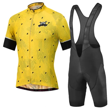 Лято мъже жълти листа колоездене джърси костюм MTB велосипед лигавник шорти черно езда облекло спортна риза ръкав