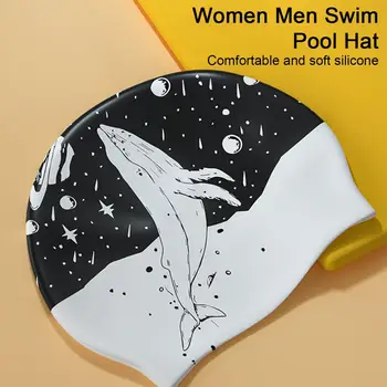 Шапка за плуване Защита на ушите Шапка за плуване за възрастни Двустранен печат Къдрава къса средна дълга дебела коса Шапка за къпане Къпане