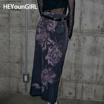 HEYounGIRL жени реколта лилаво дълга пола Y2K цветен печат елегантен есенен цепка класически поли High Street естетически дрехи