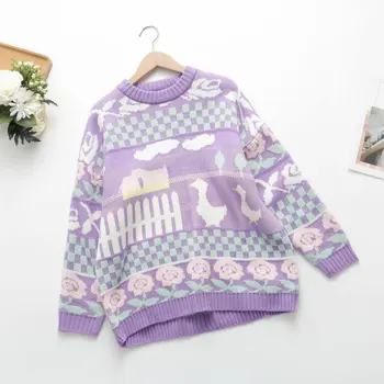 Фея Кей пастел патица пуловер 3/4 ръкав екипажа врата уютен джъмпер меко момиче естетически Harajuku облекло