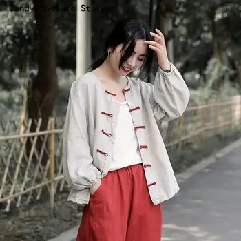 Свободна риза литература Chinoiserie дами отгоре ретро етнически печат бельо лято бельо памук дамски дрехи пролет и есен