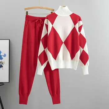 Дамски костюм от две части Уютен геометричен печат пуловер панталони комплект хлабав годни дълъг ръкав жени плета