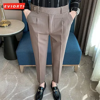 2023 пролет/лято тънка мода мъжки ежедневни панталони висока талия плътен цвят бизнес тънък годни малки прав ръкав костюми 28-38