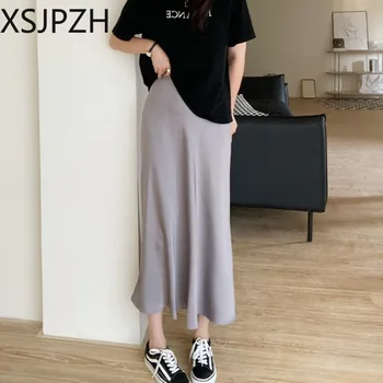 Елегантни дамски поли за жени корейски висока талия коприна сатен A-линия Midi пола дама мода всички мач плътен цвят дълги Faldas