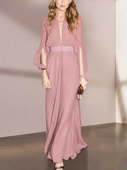 2023 Ново в розов шифон реколта дълга вечерна рокля високо качество v-образно деколте глезена дължина рокля дълъг ръкав подиума мода