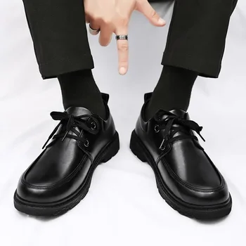 Ежедневни кожени обувки Мъжки момчета Грахови обувки Мъжки 2023 Нови есенни британски стил Фиш-он бизнес мъжки обувки