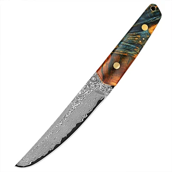 Открит остър прав нож Пълен Tang Blade Дамаск стомана ловен нож Тактически нож за оцеляване Стабилизирана дървена дръжка