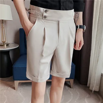 Лято плътен цвят мъжки шорти 2023 тънък монтаж висока талия модни дрехи британски прав тръба бизнес ежедневни панталони
