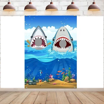 Shark Attack Photo Door Banner Ocean Theme Декор Декорация Под Морето Акула Преструвам се Играй Парти игра Фото фон