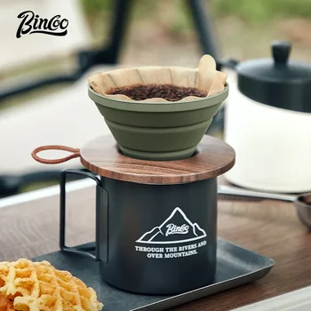Bincoo силиконово кафе Dripper кафе кана сгъваема изсипва се върху конус капкомер комплект с орех дървени открит кафе съоръжения къмпинг