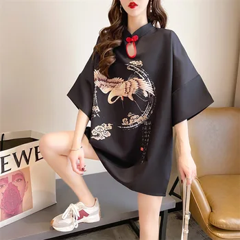 2023 Нови летни жени китайски реколта стил топ рокли женски Cheongsam хлабав извънгабаритни живо изстрел тениска