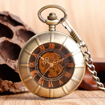 Античен джобен часовник Прозрачен Steampunk Двойно отворен ловец Gear Механична ръчна вятърна Fob Време Часове с Верига висулка Подаръци