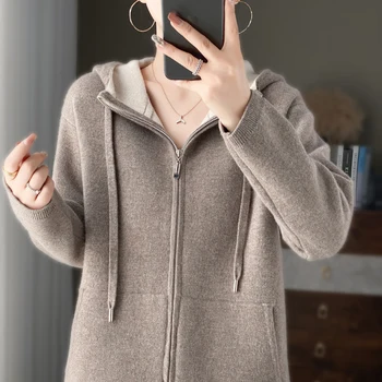 100% чист кашмир жилетка жени качулка яка корейски мода хлабав голям размер плета цип палто високо качество мек пуловер яке