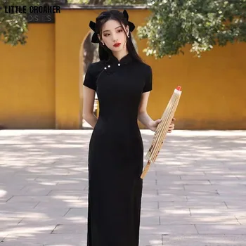 Жени Qipao 2023 Ново женско лято Китайски Черно Cheongsam висок клас благородни млади момичета ежедневно ретро подобрена рокля