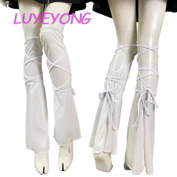 Дамски елегантни подгряващи крака Y2K Flare Leg Warmer за момичета Solid Black White 2023 Пролет тънък дълъг крак покритие чорапи дантела нагоре въже