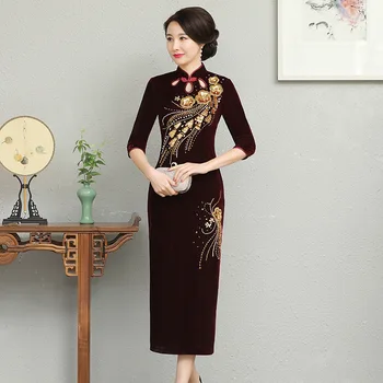 Извънгабаритни 5XL 6XL Женски Long Qipao Бургундско кадифе Cheongsam Китайска традиционна класическа рокля Изящна пайети Vestidos