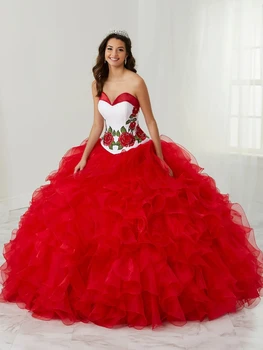 Red Charro Quinceanera рокли топка рокля скъпа къдри апликации мъниста пухкави мексикански сладки 16 рокли 15 Anos