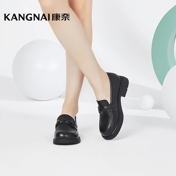 Kangnai буци мокасини жени обувки платформа плоска крава кожа кръг пръсти приплъзване женски Пени обувки
