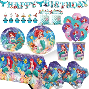 Малката русалка принцеса Ариел Прибори за хранене Парти консумативи за парти Момиче Декорация за рожден ден Балон хартия плоча чаша покривка