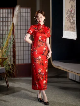 Yourqipao Лято 2023 Дълъг тънък копринен Cheongsam Catwalk Червена мода елегантен печат Qipao китайски стил вечерна рокля за жени