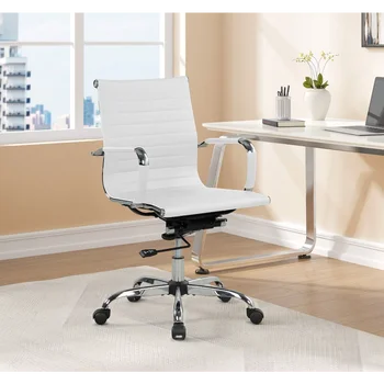 Оребрен гръб PU кожен офис стол, регулируема височина, бял, за тийнейджъри и възрастни
