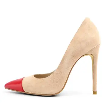 Новопристигнали червени заострени пръсти дамски обувки високи токчета бежов велур кожа фиш помпи дамски обувки персонализирани банкетни обувки