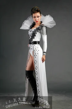 Бял преувеличен секси сценично изпълнение рокля рейв облекло гого танцьор костюм кристал рокли за жени секси плъзнете опашката