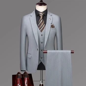 2023Сватбен костюм за младоженеца от висок клас (Блейзър+ жилетка + панталон) Бизнес професионална рокля на младоженеца Блейзър костюм от три части