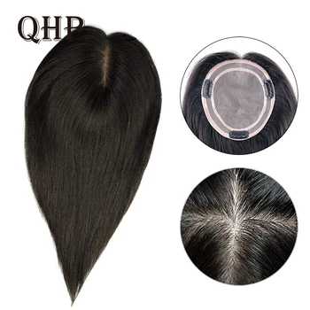 QHP 100% човешка коса топер за жени дишаща моно и PU аксесоари за коса 16-инчов коса парчета рус черен клип-в топер