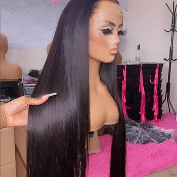 Soft 180Density 26Inch Long Black Glueless Silky Straight Lace Front Wig For Women BabyHair Heat Resistant Preplucked Daily
